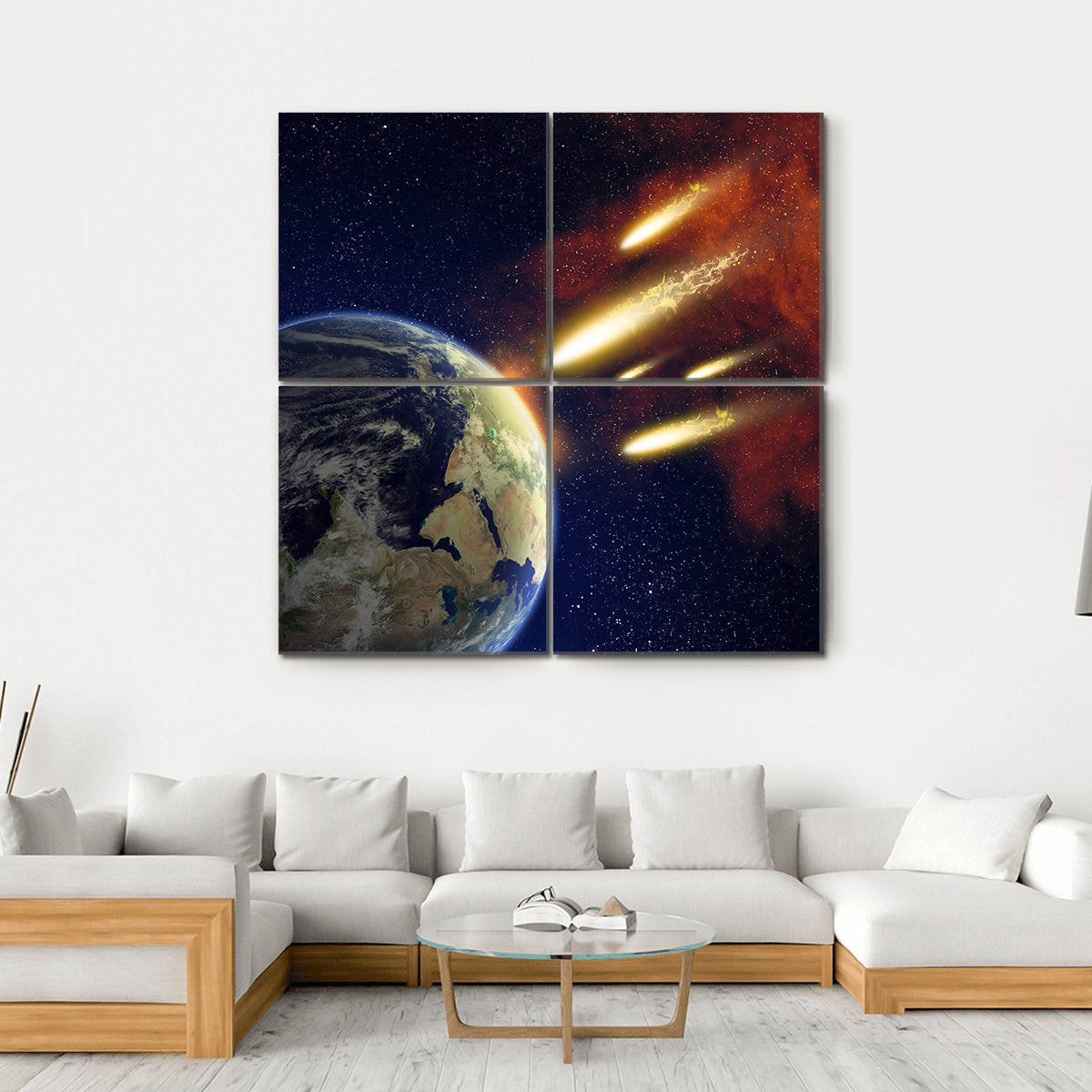 Earth & Flying Asteroids Canvas Wall Art-4 Square-Gallery Wrap-17" x 17"-Tiaracle
