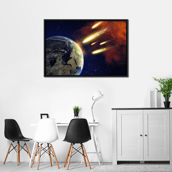 Earth & Flying Asteroids Canvas Wall Art-3 Horizontal-Gallery Wrap-25" x 16"-Tiaracle