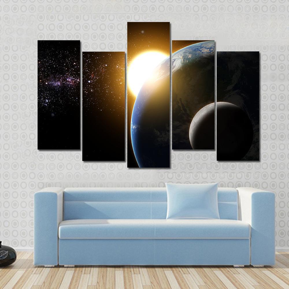 Earth And Moon In Galaxy Canvas Wall Art-5 Pop-Gallery Wrap-47" x 32"-Tiaracle