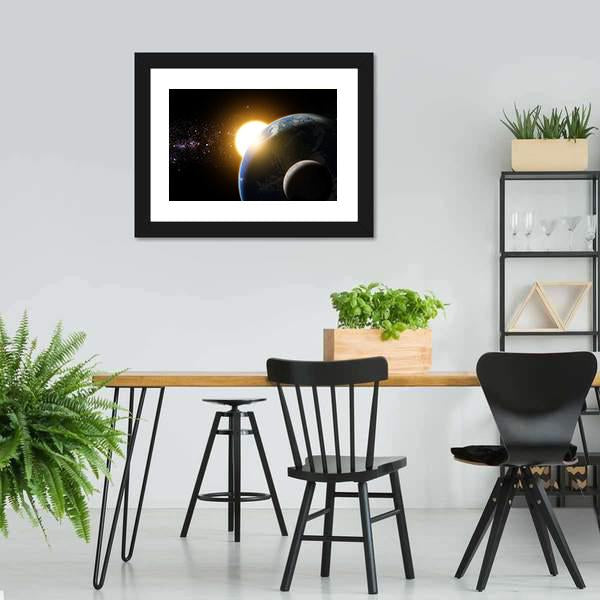 Earth And Moon In Galaxy Canvas Wall Art-3 Horizontal-Gallery Wrap-25" x 16"-Tiaracle