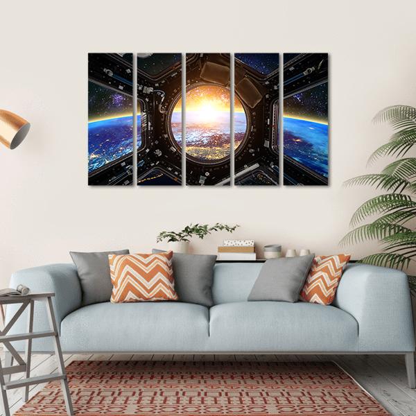 Earth & Spacecraft Canvas Wall Art-5 Horizontal-Gallery Wrap-22" x 12"-Tiaracle