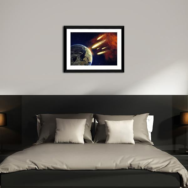 Earth & Flying Asteroids Canvas Wall Art-5 Horizontal-Gallery Wrap-22" x 12"-Tiaracle