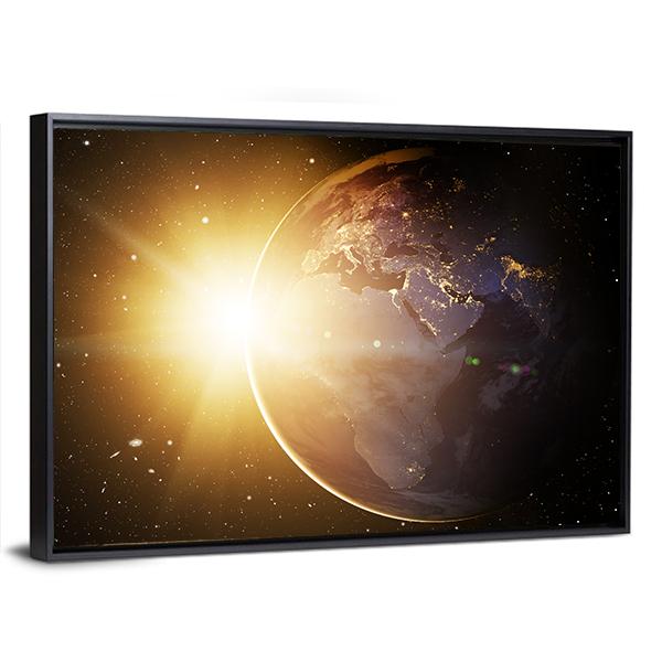Earth In Cosmos & Bright Sun Canvas Wall Art-3 Horizontal-Gallery Wrap-25" x 16"-Tiaracle