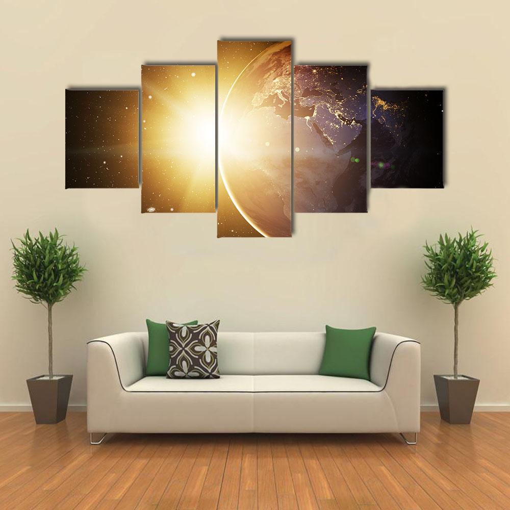 Earth In Cosmos & Bright Sun Canvas Wall Art-5 Star-Gallery Wrap-42" x 21"-Tiaracle
