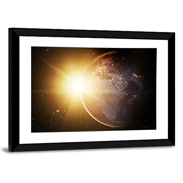 Earth In Cosmos & Bright Sun Canvas Wall Art-3 Horizontal-Gallery Wrap-25" x 16"-Tiaracle