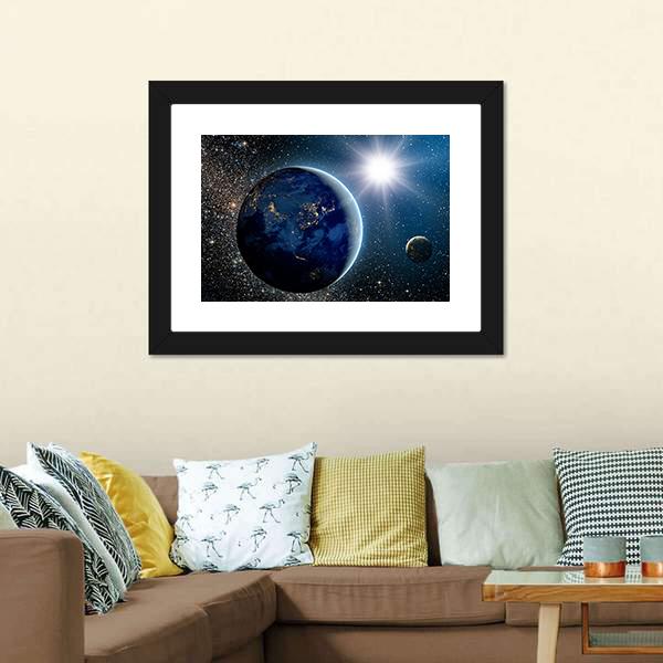 Earth & Sun From Space Canvas Wall Art-1 Piece-Framed Print-20" x 16"-Tiaracle