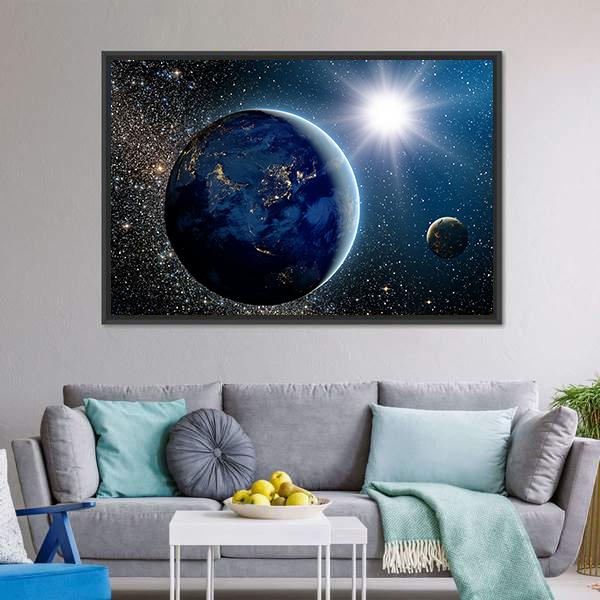 Earth & Sun From Space Canvas Wall Art-5 Horizontal-Gallery Wrap-22" x 12"-Tiaracle