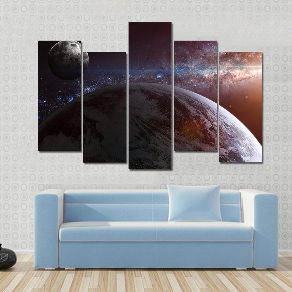 Earth With Moon & Stars Canvas Wall Art-5 Pop-Gallery Wrap-47" x 32"-Tiaracle