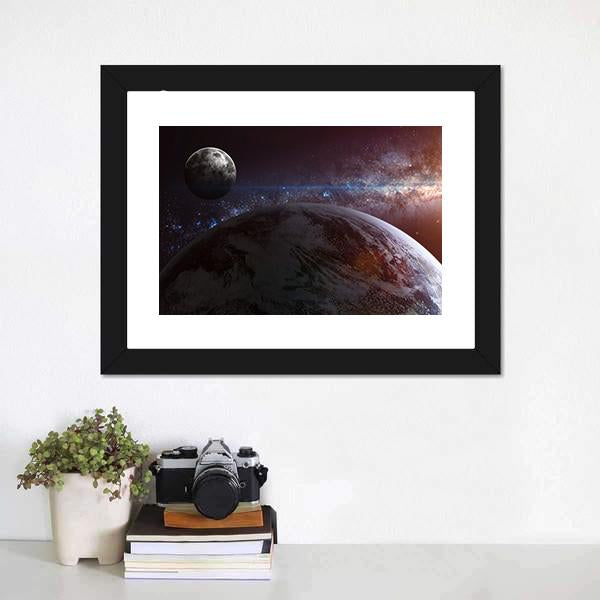 Earth With Moon & Stars Panoramic Canvas Wall Art-1 Piece-36" x 12"-Tiaracle