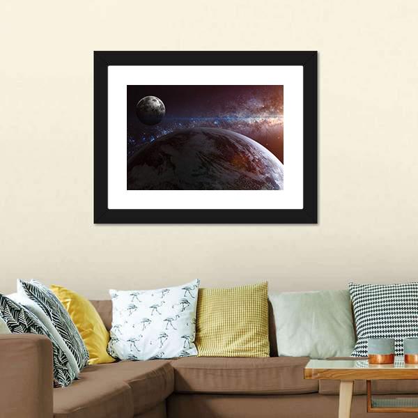 Earth With Moon & Stars Panoramic Canvas Wall Art-1 Piece-36" x 12"-Tiaracle