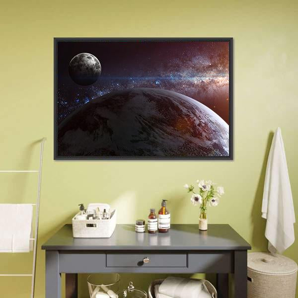Earth With Moon & Stars Canvas Wall Art-5 Horizontal-Gallery Wrap-22" x 12"-Tiaracle