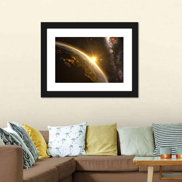 Earth With Spectacular Sunrise Canvas Wall Art-1 Piece-Framed Print-20" x 16"-Tiaracle