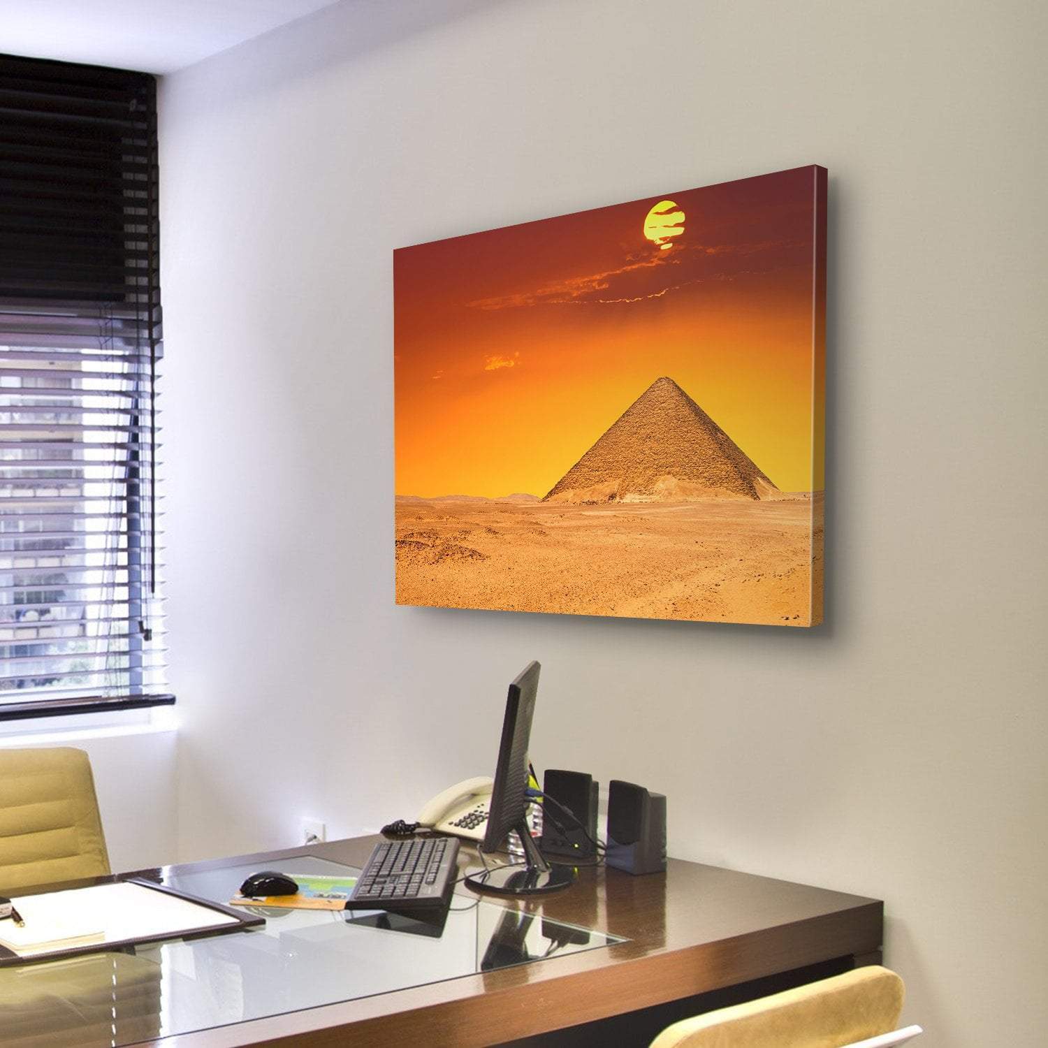 Egyptian Pyramid Under Red Sky Canvas Wall Art-3 Horizontal-Gallery Wrap-25" x 16"-Tiaracle