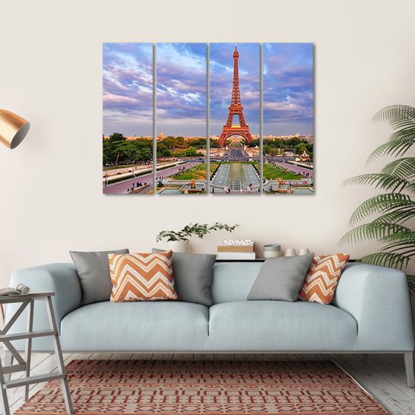 Eiffel Tower At Cloudy Sunset Canvas Wall Art-4 Horizontal-Gallery Wrap-34" x 24"-Tiaracle