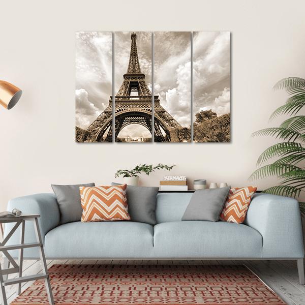 Eiffel Tower Under Clouds Canvas Wall Art-4 Horizontal-Gallery Wrap-34" x 24"-Tiaracle