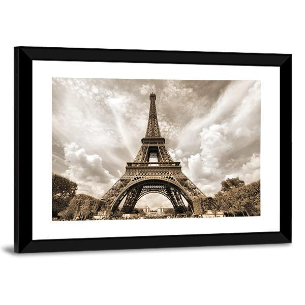 Eiffel Tower Under Clouds Canvas Wall Art-5 Horizontal-Gallery Wrap-22" x 12"-Tiaracle
