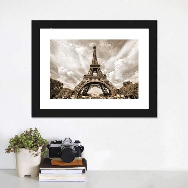 Eiffel Tower Under Clouds Canvas Wall Art-5 Horizontal-Gallery Wrap-22" x 12"-Tiaracle