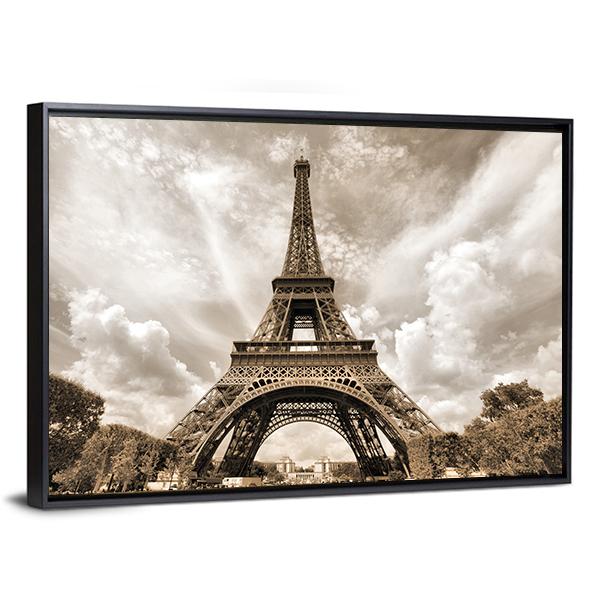 Eiffel Tower Under Clouds Canvas Wall Art-5 Horizontal-Gallery Wrap-22" x 12"-Tiaracle