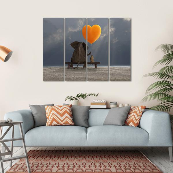 Elephant & Dog Holding Heart Shaped Balloon Canvas Wall Art-1 Piece-Gallery Wrap-36" x 24"-Tiaracle