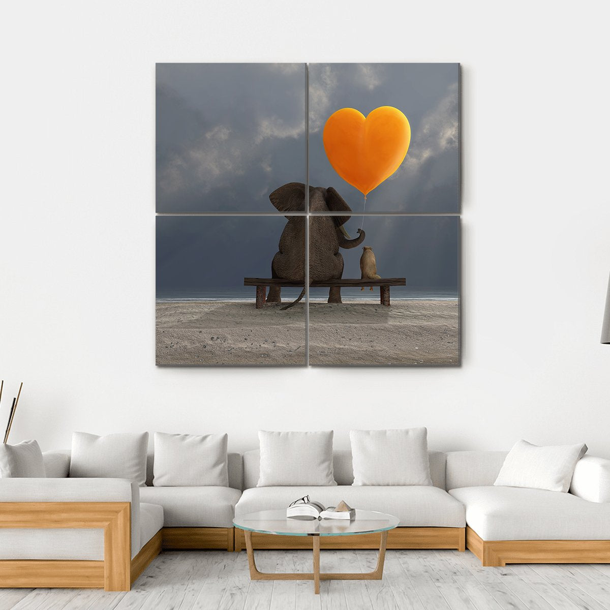 Elephant & Dog Holding Heart Shaped Balloon Canvas Wall Art-4 Square-Gallery Wrap-17" x 17"-Tiaracle