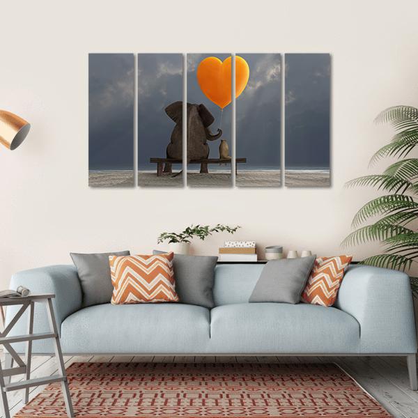 Elephant & Dog Holding Heart Shaped Balloon Canvas Wall Art-5 Horizontal-Gallery Wrap-22" x 12"-Tiaracle