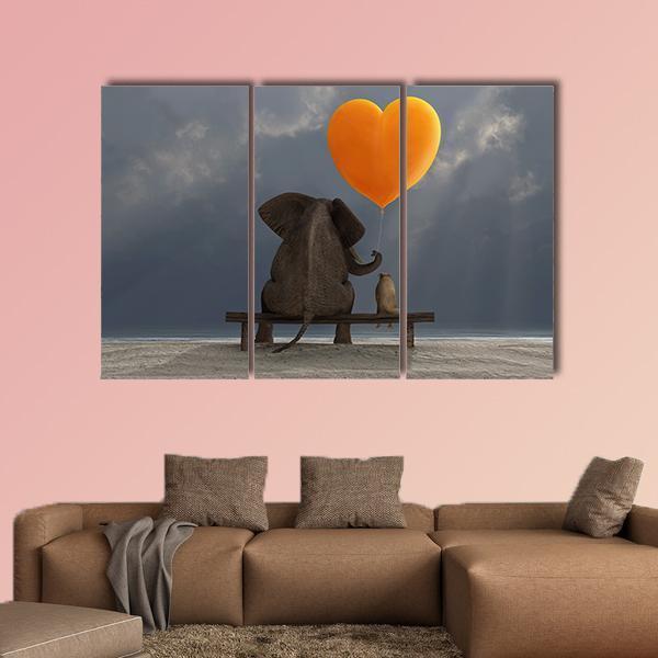 Elephant & Dog Holding Heart Shaped Balloon Canvas Wall Art-3 Horizontal-Gallery Wrap-37" x 24"-Tiaracle
