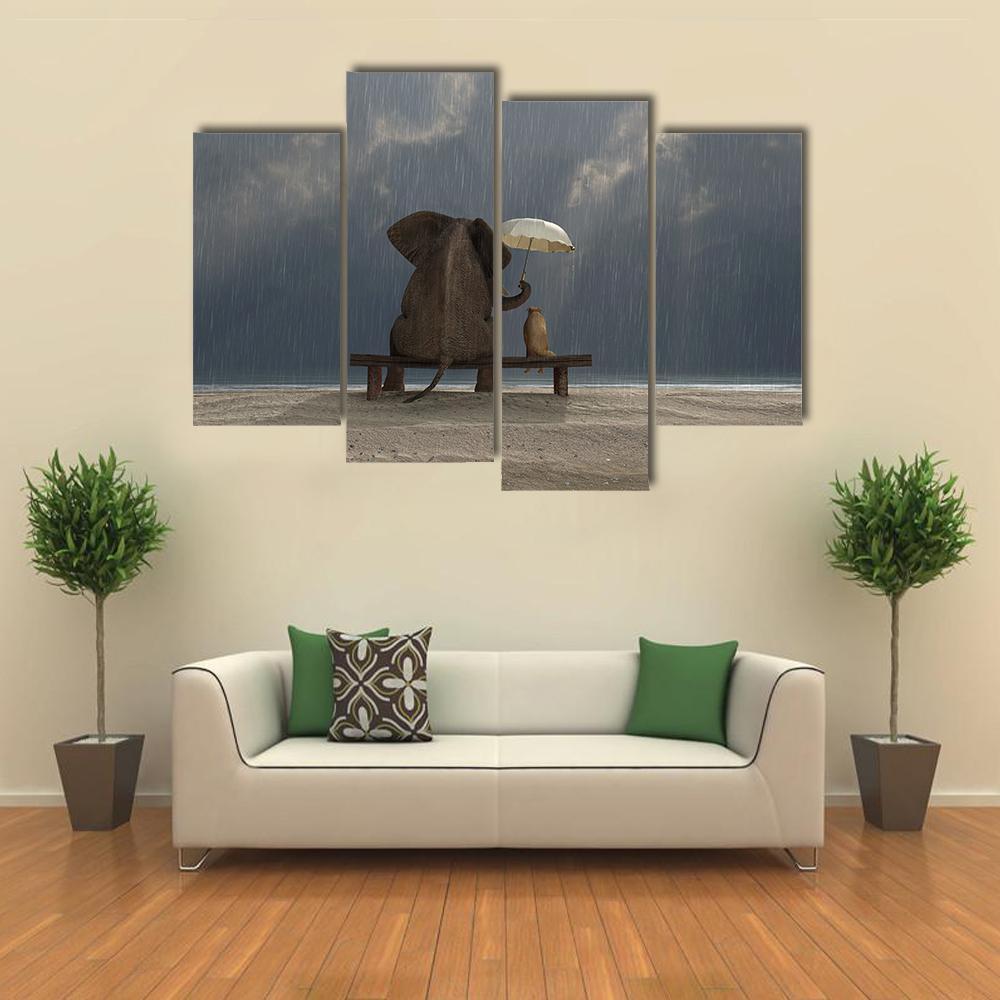 Elephant & Dog Sitting Under Rain Canvas Wall Art-4 Pop-Gallery Wrap-50" x 32"-Tiaracle