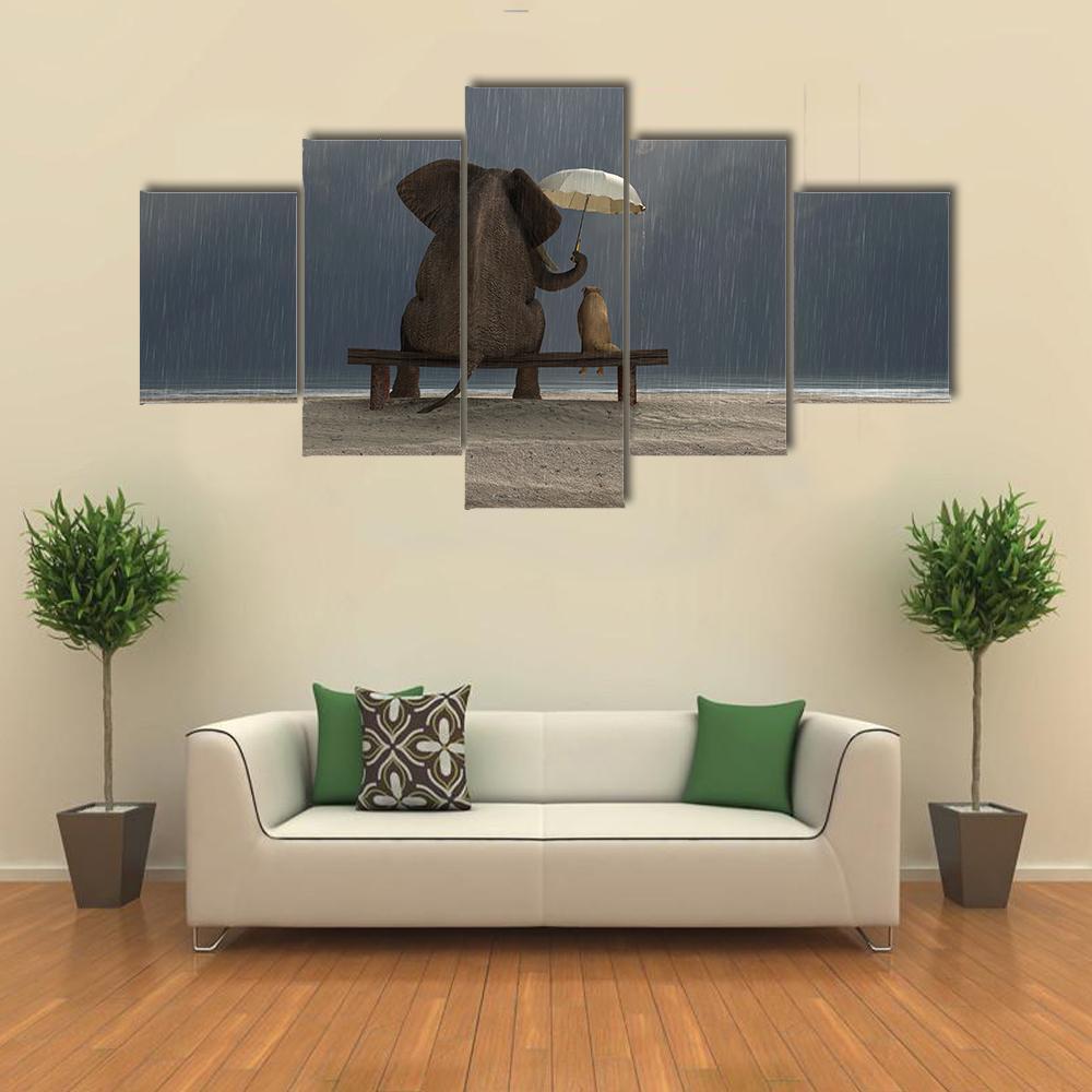 Elephant & Dog Sitting Under Rain Canvas Wall Art-3 Horizontal-Gallery Wrap-37" x 24"-Tiaracle