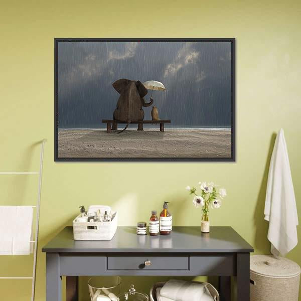 Elephant & Dog Sitting Under Rain Canvas Wall Art-3 Horizontal-Gallery Wrap-25" x 16"-Tiaracle