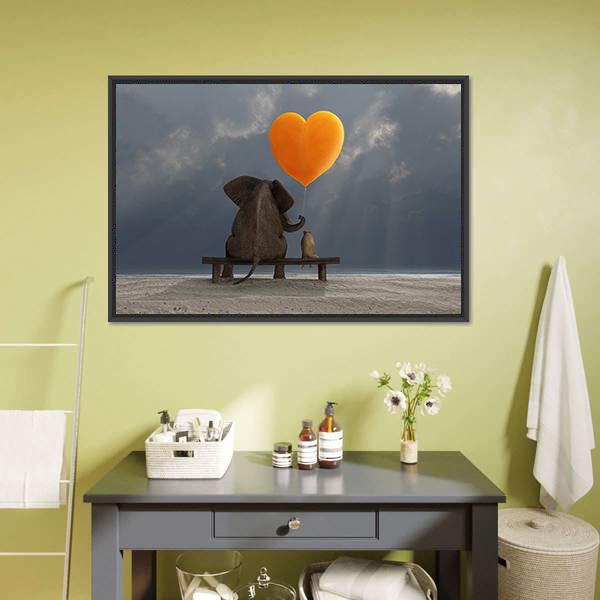 Elephant & Dog Holding Heart Shaped Balloon Canvas Wall Art-5 Horizontal-Gallery Wrap-22" x 12"-Tiaracle