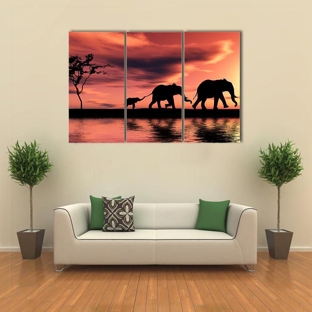 Elephant Family Silhouette Canvas Wall Art-3 Horizontal-Gallery Wrap-37" x 24"-Tiaracle