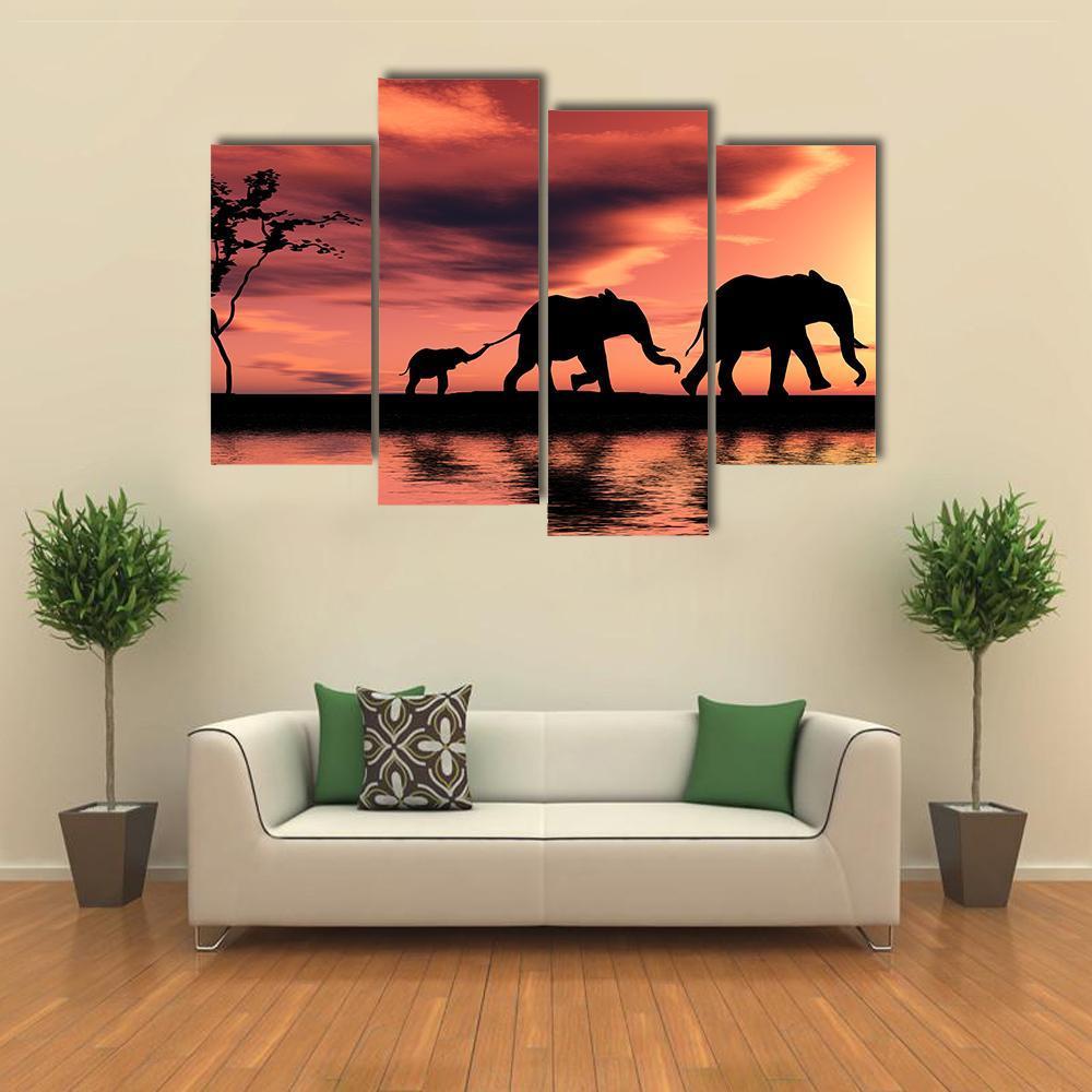 Elephant Family Silhouette Canvas Wall Art-4 Pop-Gallery Wrap-50" x 32"-Tiaracle