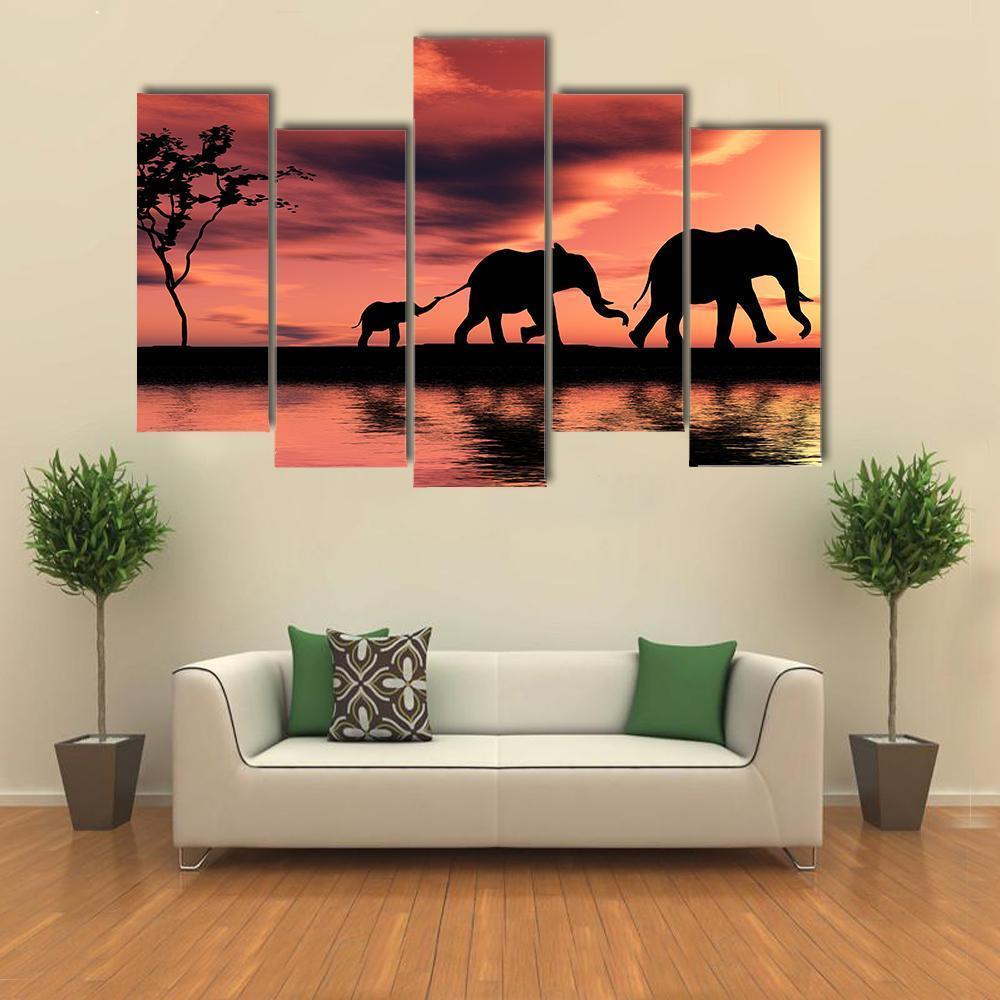 Elephant Family Silhouette Canvas Wall Art-5 Pop-Gallery Wrap-47" x 32"-Tiaracle