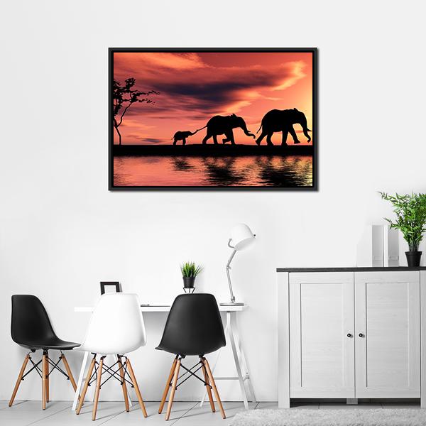 Elephant Family Silhouette Panoramic Canvas Wall Art-1 Piece-36" x 12"-Tiaracle