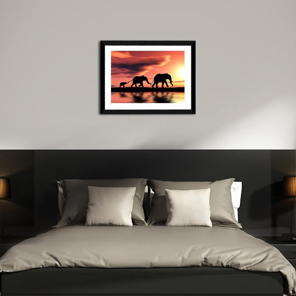 Elephant Family Silhouette Panoramic Canvas Wall Art-1 Piece-36" x 12"-Tiaracle