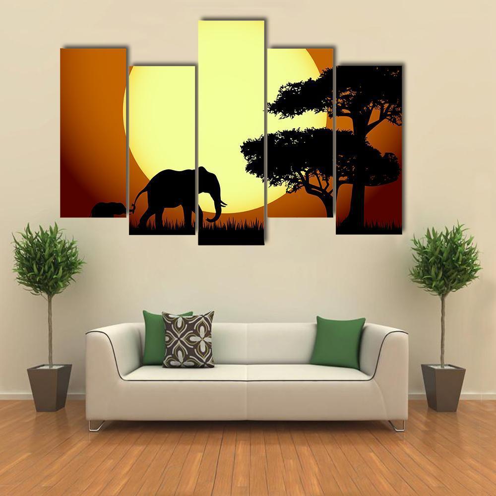 Elephants At Sunset Canvas Wall Art-5 Pop-Gallery Wrap-47" x 32"-Tiaracle