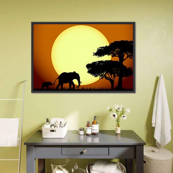 Elephants At Sunset Canvas Wall Art-3 Horizontal-Gallery Wrap-25" x 16"-Tiaracle