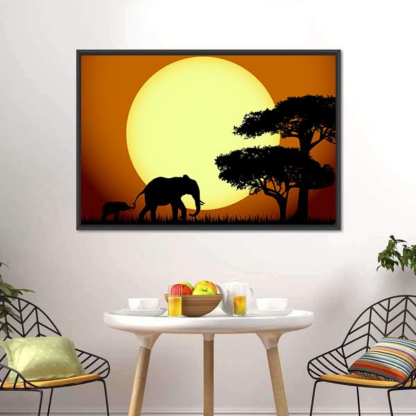Elephants At Sunset Canvas Wall Art-1 Piece-Floating Frame-24" x 16"-Tiaracle