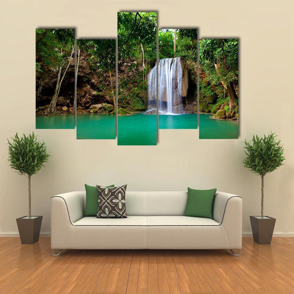 Eravan Waterfall In Kanchanaburi Canvas Wall Art-5 Pop-Gallery Wrap-47" x 32"-Tiaracle