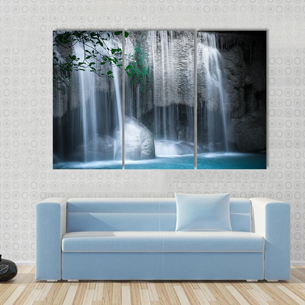 Erawan Cascade Waterfall Thailand Canvas Wall Art-3 Horizontal-Gallery Wrap-37" x 24"-Tiaracle