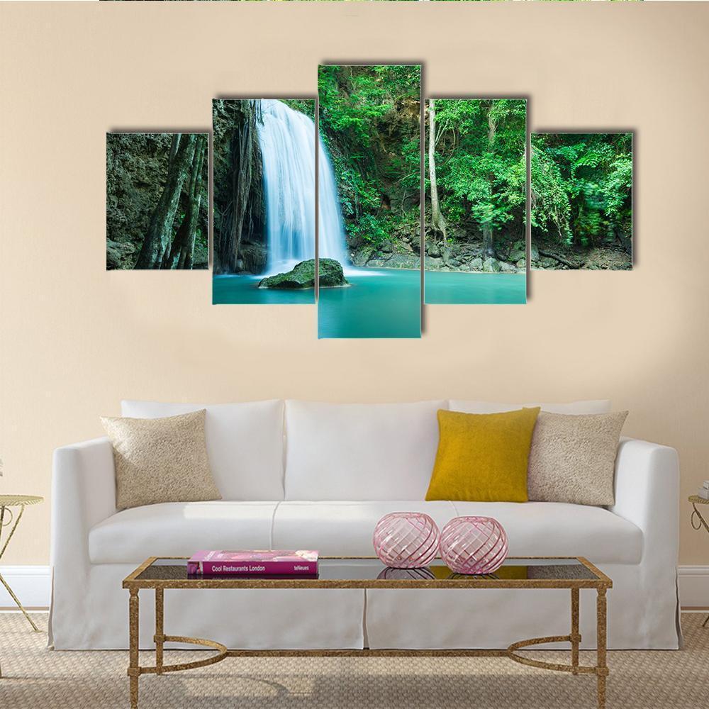 Erawan Tropical Waterfall Canvas Wall Art-5 Star-Gallery Wrap-62" x 32"-Tiaracle