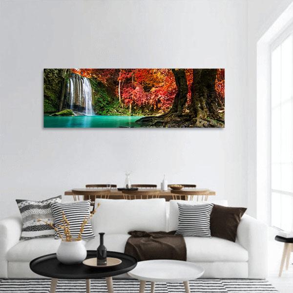 Autumn Erawan Waterfall Panoramic Canvas Wall Art-1 Piece-36" x 12"-Tiaracle