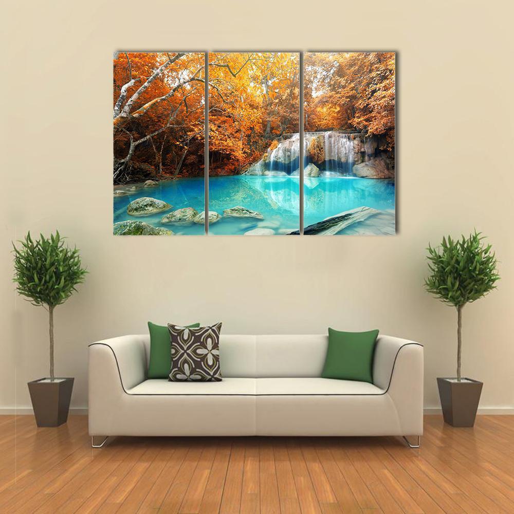 Erawan Waterfall In Autumn Canvas Wall Art-3 Horizontal-Gallery Wrap-37" x 24"-Tiaracle