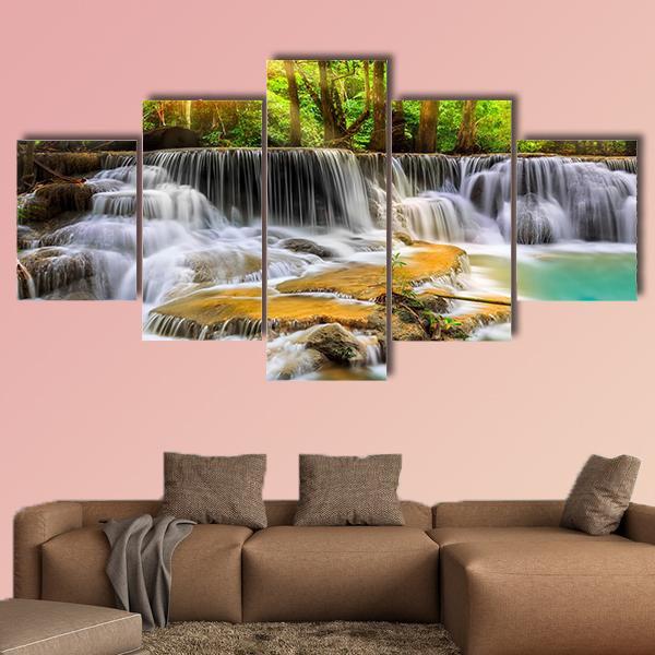Erawan Waterfall in Thailand Canvas Wall Art-5 Star-Gallery Wrap-62" x 32"-Tiaracle