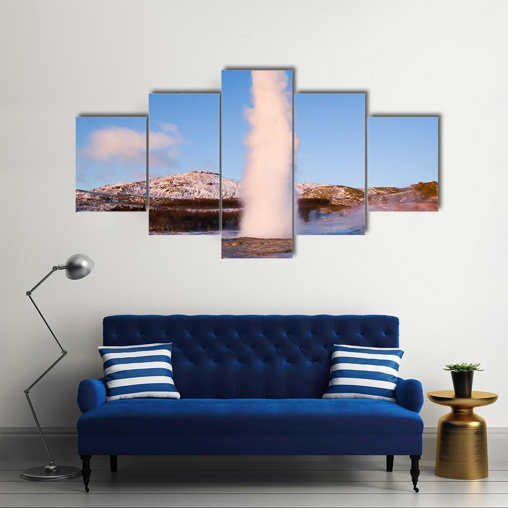 Erupting Geyser In Iceland Canvas Wall Art-5 Star-Gallery Wrap-62" x 32"-Tiaracle