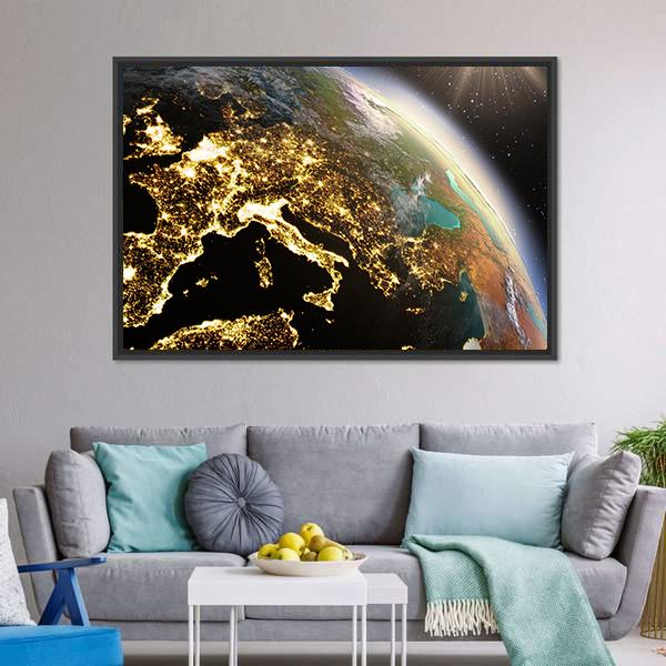 Europe From Space At Night Canvas Wall Art-3 Horizontal-Gallery Wrap-25" x 16"-Tiaracle