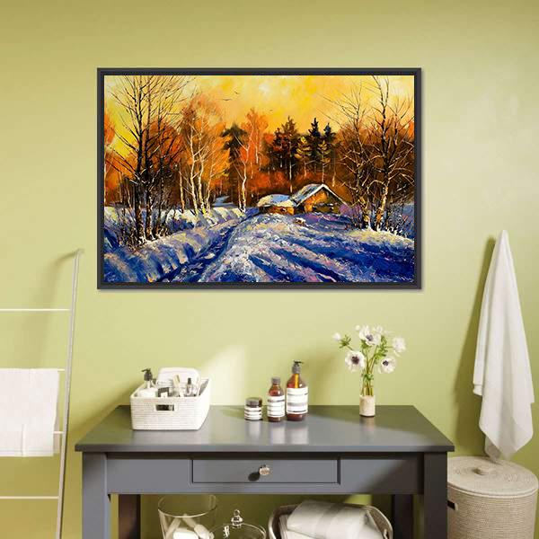 Evening In Winter Village Canvas Wall Art-5 Horizontal-Gallery Wrap-22" x 12"-Tiaracle