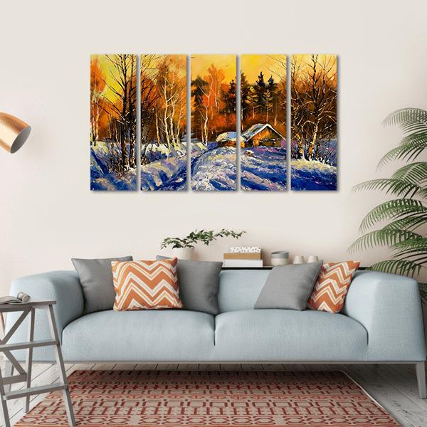 Evening In Winter Village Canvas Wall Art-5 Horizontal-Gallery Wrap-22" x 12"-Tiaracle