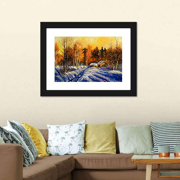 Evening In Winter Village Panoramic Canvas Wall Art-1 Piece-36" x 12"-Tiaracle