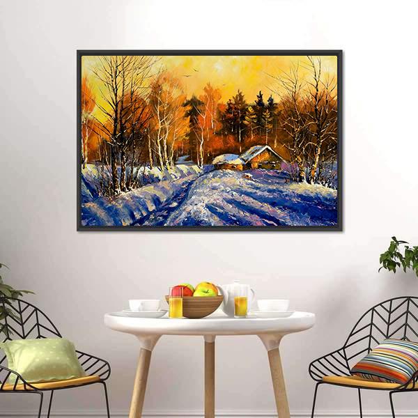 Evening In Winter Village Panoramic Canvas Wall Art-1 Piece-36" x 12"-Tiaracle